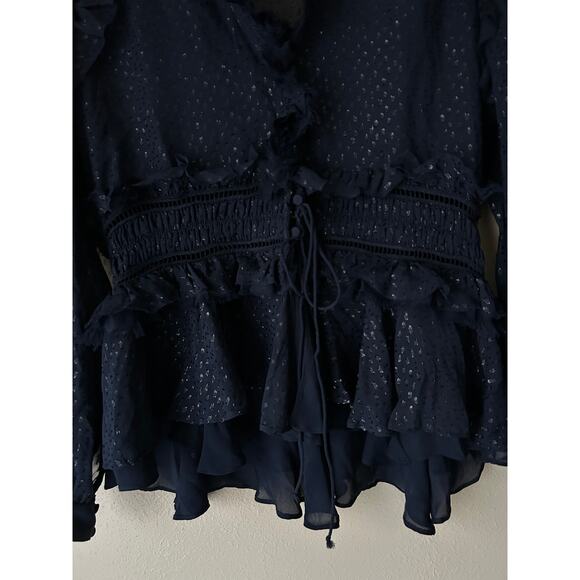 Johnathan Simkhai Navy Semi Sheer Chiffon Ruffle Blouse Size Medium - Picture 9 of 12